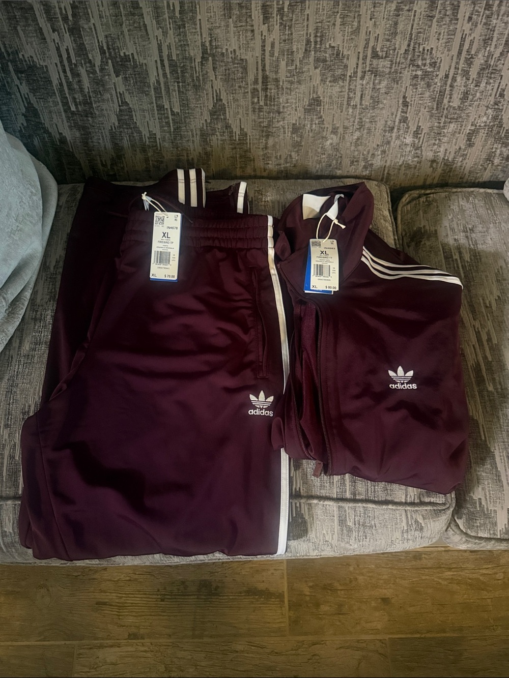 adidas Men's Maroon Track Jacket & Sweatpants with White Stripes